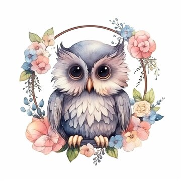 Watercolor illustration of a owl for children 