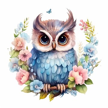 Watercolor illustration of a owl for children 
