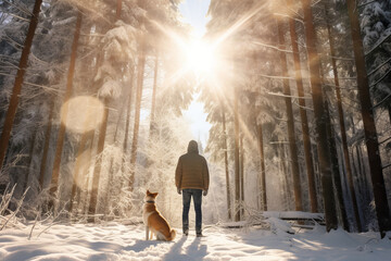 A man and his pet dog walking though a snowy forest on sunny winter day. Adventurous young man and his dog on a walk. Hiking and trekking on a nature trail. Traveling by foot.