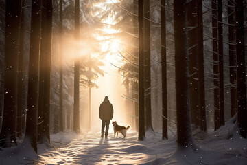 A man and his pet dog walking though a snowy forest on sunny winter day. Adventurous young man and...