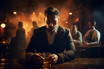 Attractive man wearing black tuxedo in whiskey bar. Handsome young man drinking alcoholic beverages in a pub.