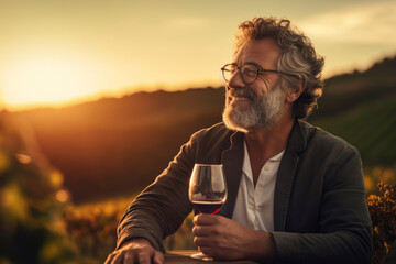 Handsome successful winemaker tasting a flavor of his wine. Sommelier checking red wine quality in vineyards at sunset. - obrazy, fototapety, plakaty