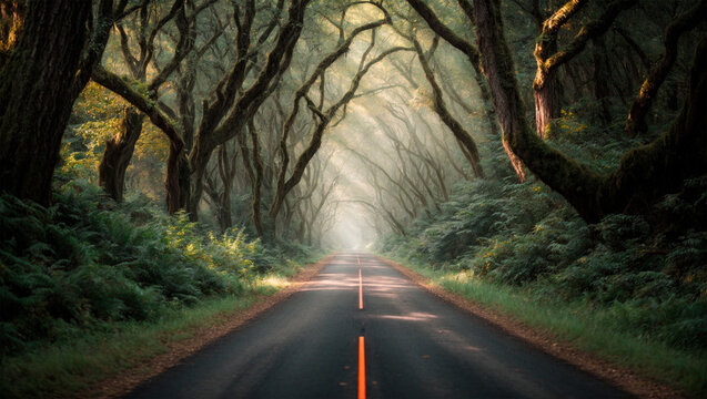 The road leads deep into the forest with fairies and mythical creatures crawling out from under the trees