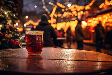 Fototapeta na wymiar Fresh hot mulled wine a wooden table on Christmas market. Decorated and illuminated outdoor tables of a restaurant of cafe. Snowy winter day.