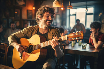 Cheerful musician performing in a pub. Performer playing a guitar. People gathering in the background. - Powered by Adobe