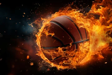 Foto op Canvas Basketball speeds toward the hoop, flames trail its rapid journey © Jawed Gfx