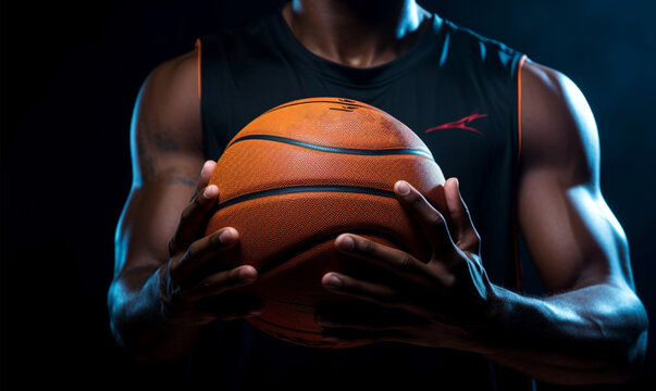 Basketball player, ball in hand, front view with room for text