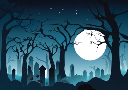  vector halloween background with old cemetery gravestones spooky leafless trees full moon on night sky