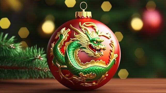 A beautiful decorative Christmas tree ball with the image of a green scary eastern dragon