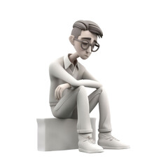 3d icon illustration lonely stress man sitting young subdued male character sad thoughts. Depressed man concept Transparent png