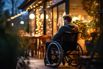 Cheerful young man sitting a wheelchair in outdoor restaurant on Christmas time.