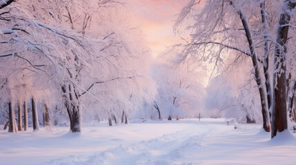 Beautiful winter landscape with snowy trees in the park