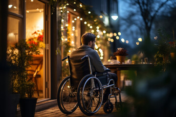 Fototapeta na wymiar Cheerful young man sitting a wheelchair in outdoor restaurant on Christmas time.