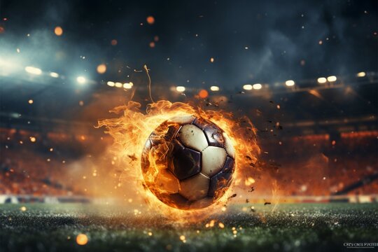 Dynamic ignition, Powerful kick sends soccer ball ablaze in stadium © Jawed Gfx