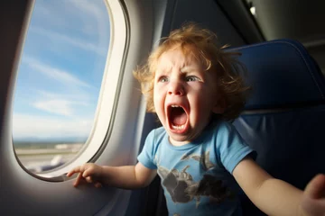 Fotobehang Toodler boy having a temper tantrum while sitting by airplane window. Angry child screaming and crying in aircraft cabin. Travelling with small kids. Flying with children. © MNStudio