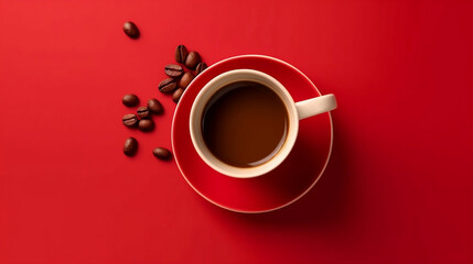 A cup of hot coffee and freshly roasted coffee beans on red background with copy space, top view.