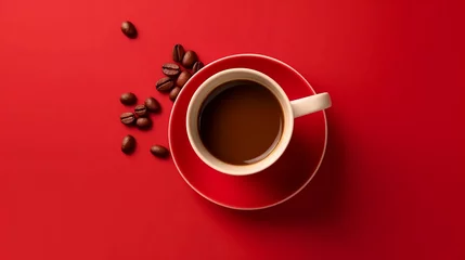 Wall murals Coffee bar A cup of hot coffee and freshly roasted coffee beans on red background with copy space, top view.