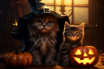 A cat and a kitten in fancy costume with jack o'lantern pumpkin and Halloween decorations, adorable pet in Halloween.