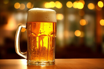 A mug of beer with foam on the table in the restaurant,  beautiful bokeh on the background, close up shot, Internationnal beer day concept.