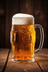A mug of beer on a wooden table, with a white head, golden color, and rustic background.