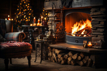 Obraz premium Cozy dark rustic living room with a fireplace, decorated for Christmas.