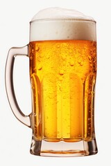 A mug of golden beer with a white foamy head, isolated on a white background.