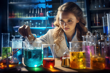 Female research scientist filling colourful test tubes in a big modern laboratory.