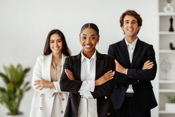 Successful black businesswoman standing with folded arms in front of her business team and smiling at camera