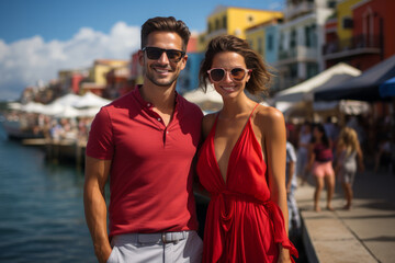 Beatiful couple having fun while visiting small Italian town on sunny summer day. Man and woman posing on city street.