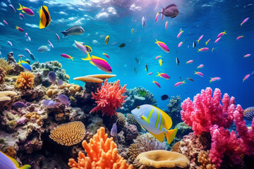 Colourful fish swimming in underwater coral reef landscape. Deep blue ocean with colorful fish and...