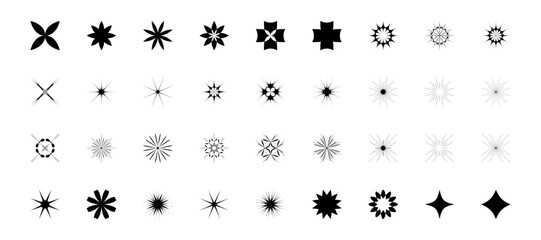 Vector star icons set. Modern abstract graphic shapes. Y2k geometric figures, symbols. Retro futuristic minimal flat flowers, stars. Bold design elements. Brutalist sparkle ray silhouette collection