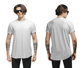  White T-shirt front and back view on a man with space for your logo or design over transparent background