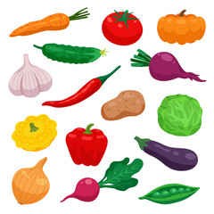 Vegetables collection. Vector illustration in cartoon flat style isolated on white background. Healthy diet menu set