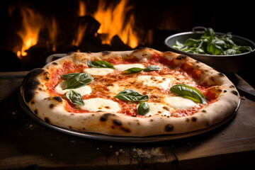 Deliciuos Margherita pizza in an oven. Freshly baked hot pizza with tomatoes, basil and mozzarella...