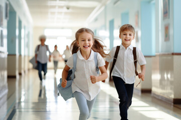 Group of elementary school kids running in a school corridor. Beginning of class after vacation. Kids run to parents or friends after lesson.