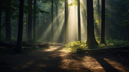 Obraz premium Mysterious Dark Forest with Sunlight Filtering Through Trees