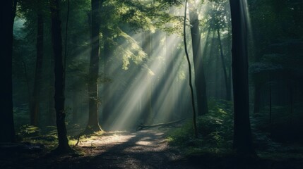 Mysterious Dark Forest with Sunlight Filtering Through Trees