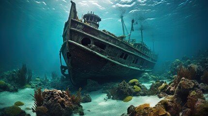 Fototapeta premium Eerie Shipwreck Half-Submerged in Turquoise Waters