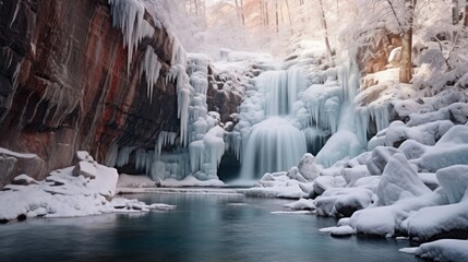 Frozen Waterfall Suspended in a Winter Wonderland