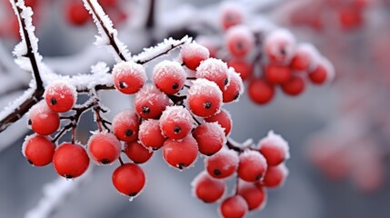 Fototapeta na wymiar Glistening Snowflakes on Frost-Covered Winter Berries