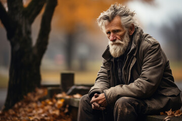 Poor tired depressed homeless man sitting on the wooden bench on the street in the city.