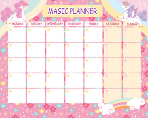 Printable cute magic unicorn weekly planner vector