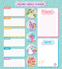 Happy unicorns weekly planner and note pages vector set