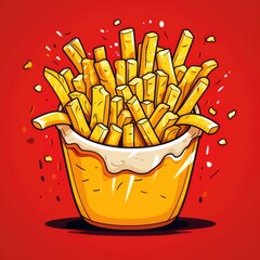 French fries on color bright background. Potato sticks in 90s style