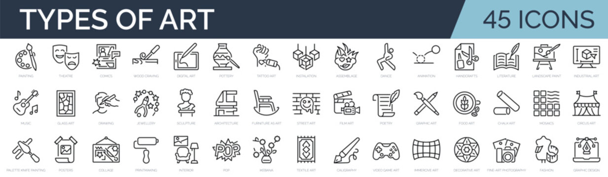 Set of 45 outline icons related to types, styles, examples, forms of art. Linear icon collection. Editable stroke. Vector illustration