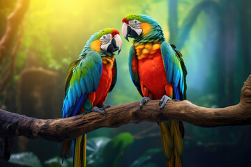 Two parrots sitting on a tree branch in natural environment, rainforest jungle