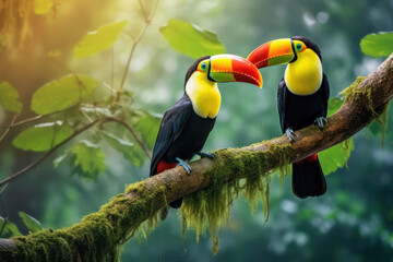 Two toucan sitting on a tree branch in natural environment, rainforest jungle