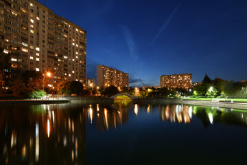Night landscape with a pond in Zelenograd in Moscow. Russia