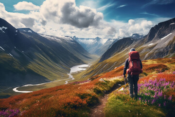 Obraz premium Male hiker wearing casual clothes admiring a scenic view from a mountain top. Adventurous young man with a backpack. Hiking and trekking on a nature trail. Traveling by foot.