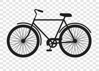 Black Silhouette of bicycle isolated on transparent grid 